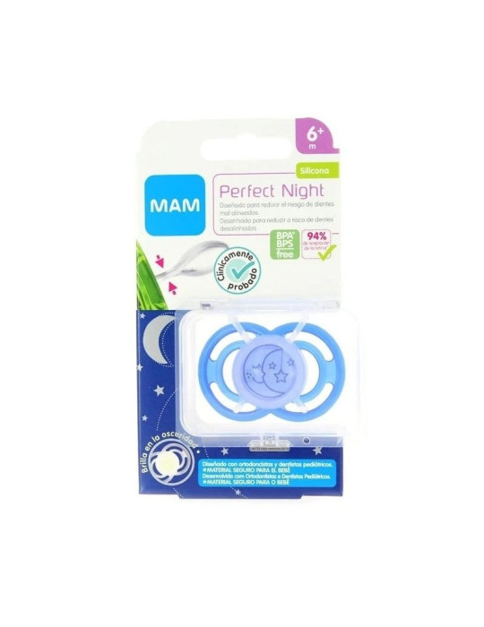 CHUPETE SILICONA MAM PERFECT NIGHT + 6 M AZUL